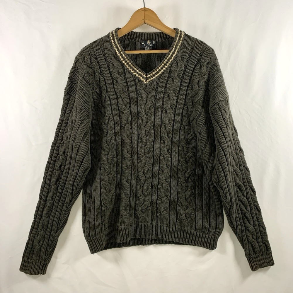 VTG 90s Mens Chunky Cable Knit Cricket Sweater M/L Tennis Collegiate Varsity